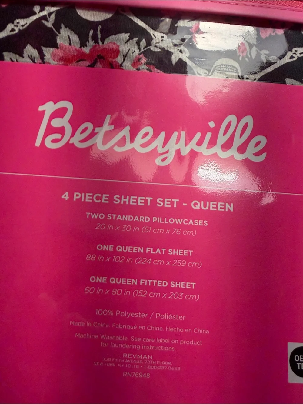 Betseyville by Betsey Johnson Queen 4 Piece Sheet Set Skull Floral Pink Black